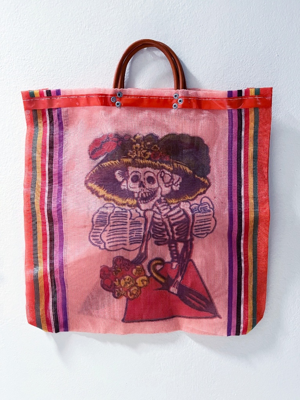 Authentic Mexican Mercado Bag | La Catrina Mesh Tote | Pink Multi-Stripe. - Picture 1 of 2
